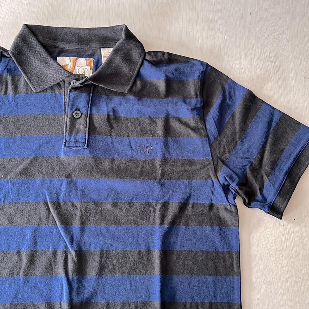 OP wide blue/black stripes men’s polo shirt, size medium